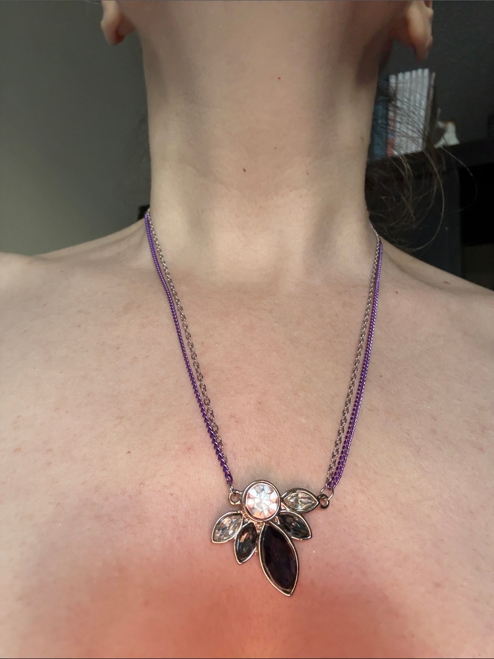 Hand-Crafted Double Chain Purple Multi-Stone Floral Pendant Necklace